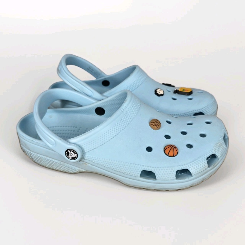 Crocs Classic Clogs Aqua Blue playful sports food Jibbitz M10 W12